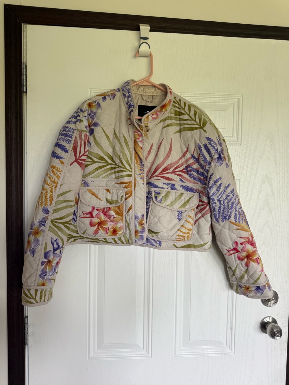 7 for all mankind quilted tropical floral print button up jacket - L